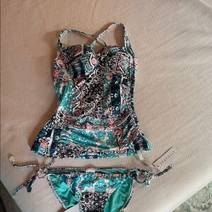 Seafolly Teal and Black Patterned Tankini